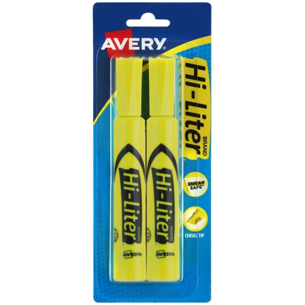 Avery(R) Hi-Liter Desk-Style Highlighters, SmearSafe, Yellow, 2 Pack